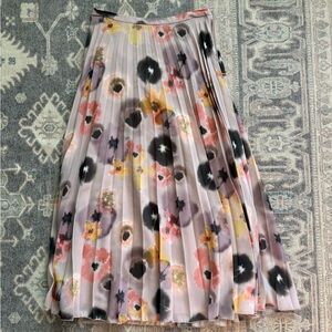 ASOS Pleated Floral Midi Skirt in Blush Pink with Black, Yellow & Coral Accents